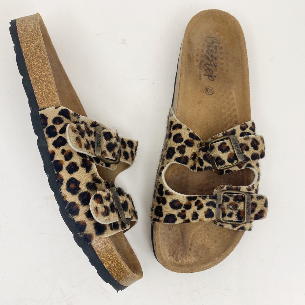 Biostep Leopard Calf Hair Double Buckle Slide Sandals Womens 10.5 Tan Brown